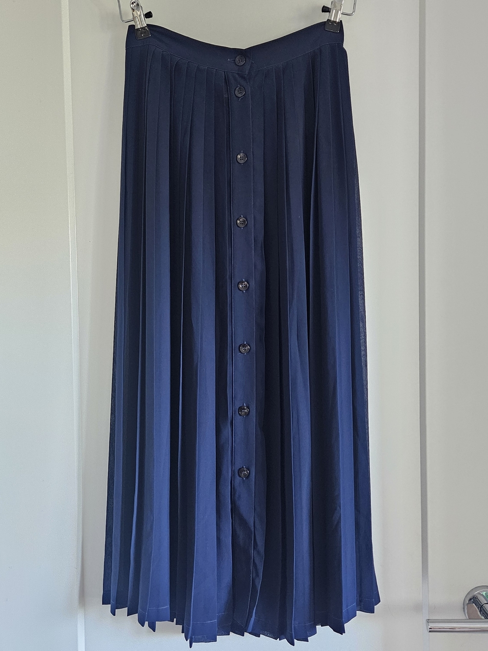 Vintage Navy Pleated Button-Front Maxi Skirt